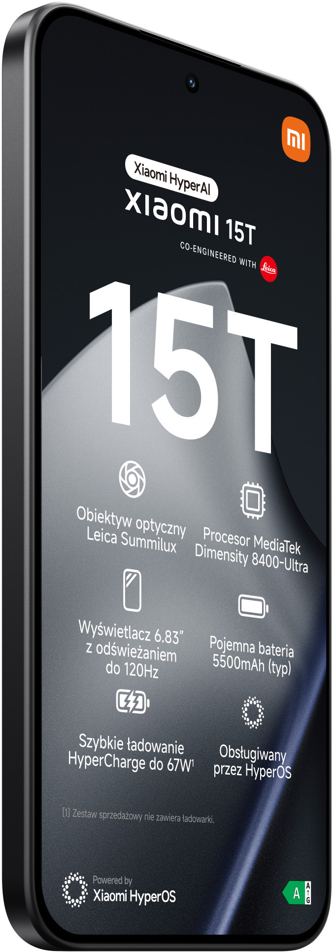 Smartfon z logo Xiaomi, model 15T i funkcjami. Posiada markę Leica. Wyświetlacz pokazuje specyfikacje.