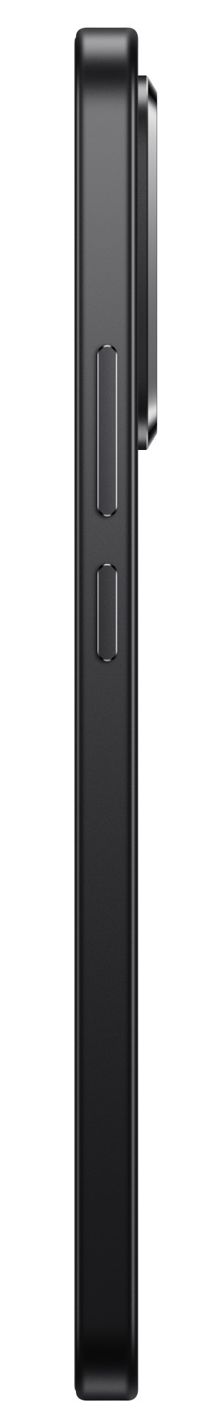 Widok z boku czarnego smartfona z przyciskami i aparatem. Białe tło.