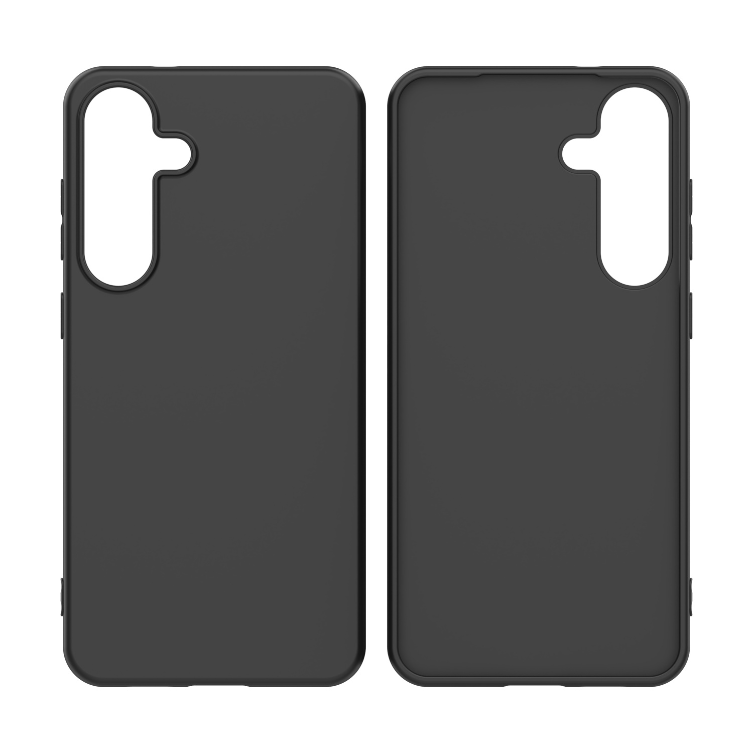 Due custodie nere per telefono su sfondo bianco. Ogni custodia ha un ritaglio per la fotocamera e posizionamenti dei pulsanti.