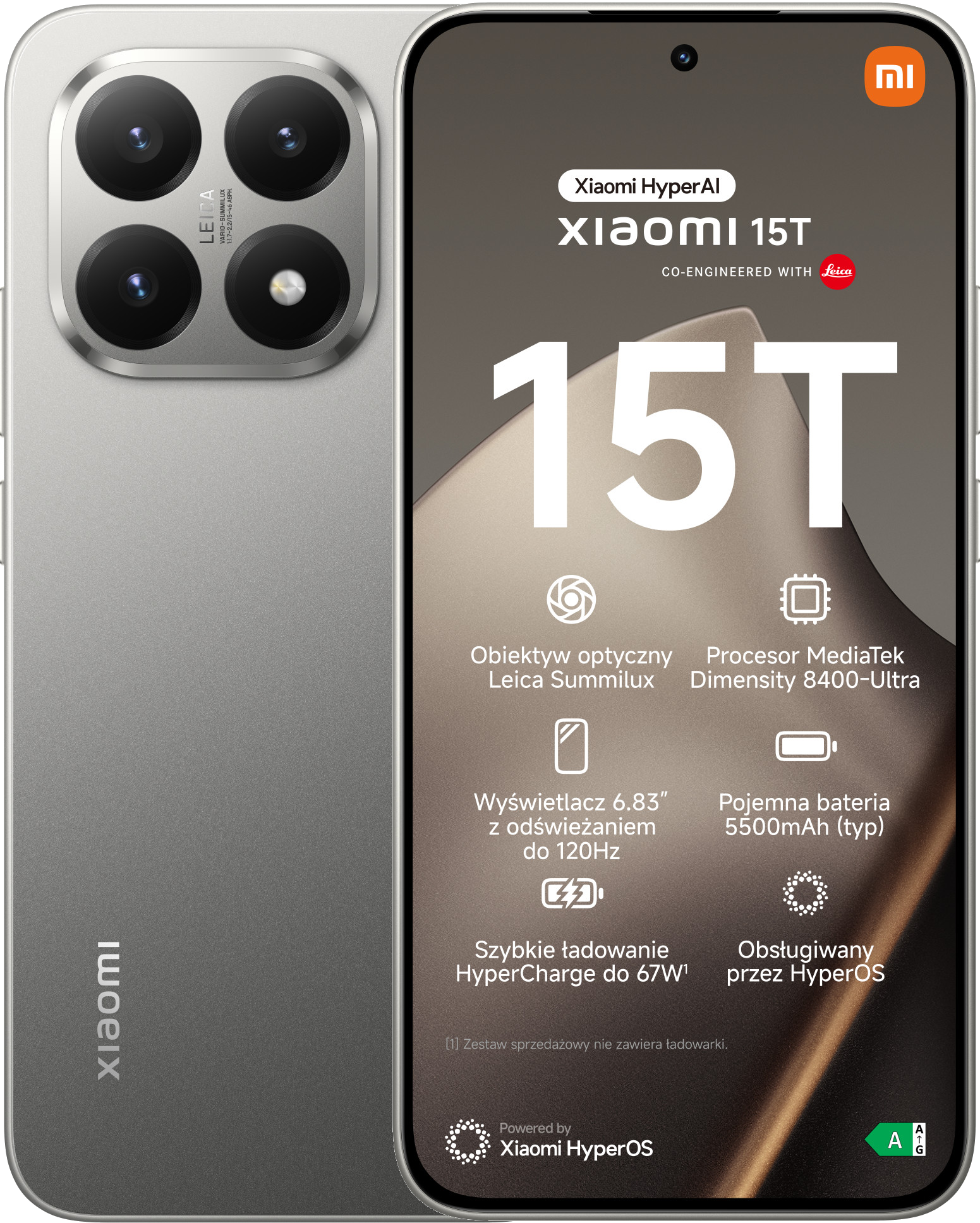 Smartfon Xiaomi 15T ze srebrnym tyłem, czterema tylnymi kamerami i ekranem wyświetlającym specyfikacje, w tym Leica i HyperOS.