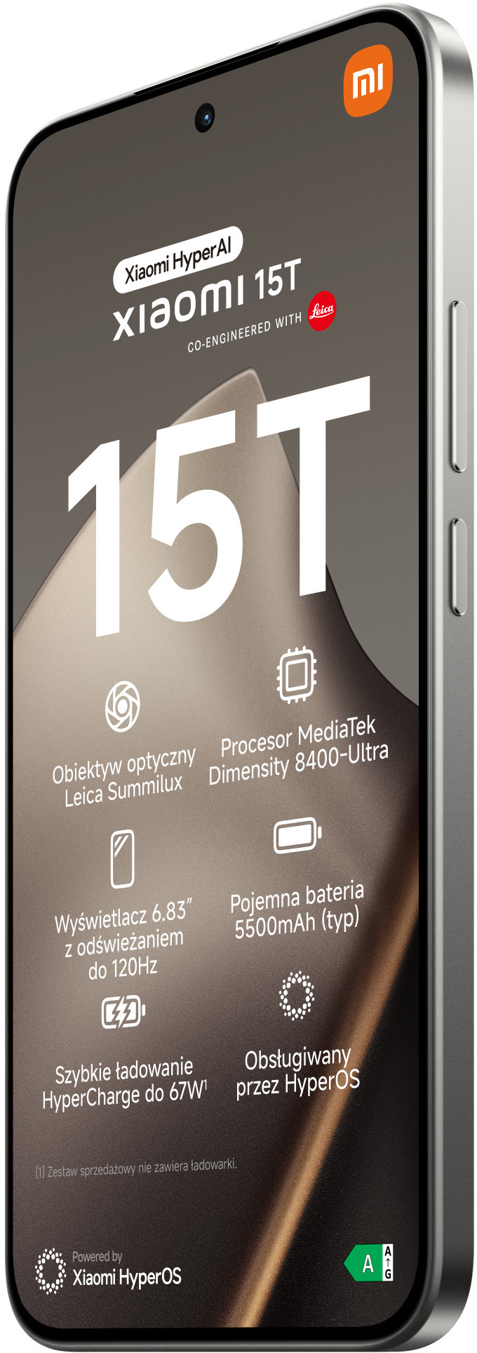 Ekran smartfona wyświetla 'Xiaomi 15T' ze specyfikacjami: aparat, procesor, rozmiar ekranu, bateria i szybkie ładowanie.
