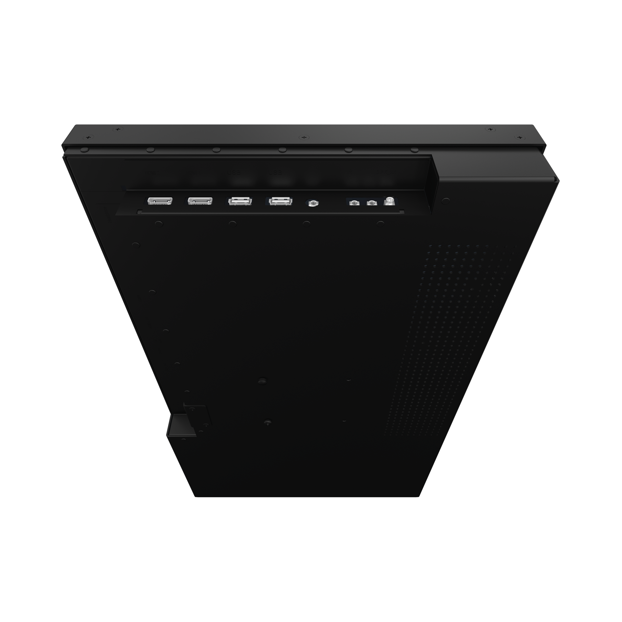 Çeşitli bağlantı noktalarına sahip siyah cihaz alt kısmı. HDMI, USB, ses ve anten bağlantılarını içerir. Açılı görünüm.