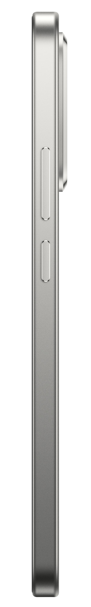 Widok z boku srebrnego smartfona. Ma przyciski głośności i wybrzuszenie aparatu. Tło jest białe.