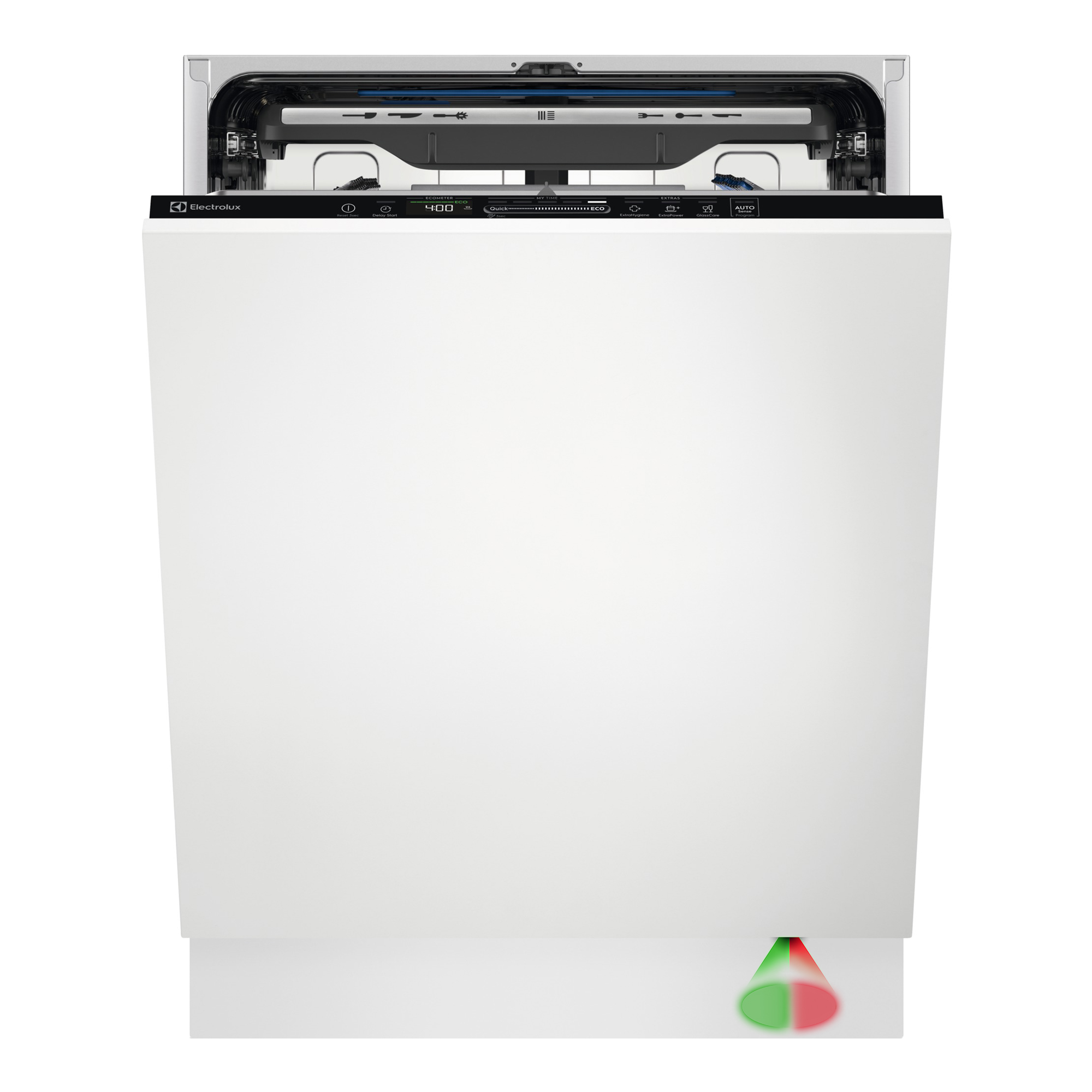 Biała zmywarka Electrolux. Drzwi są otwarte. Zielone i czerwone światła są na dole.