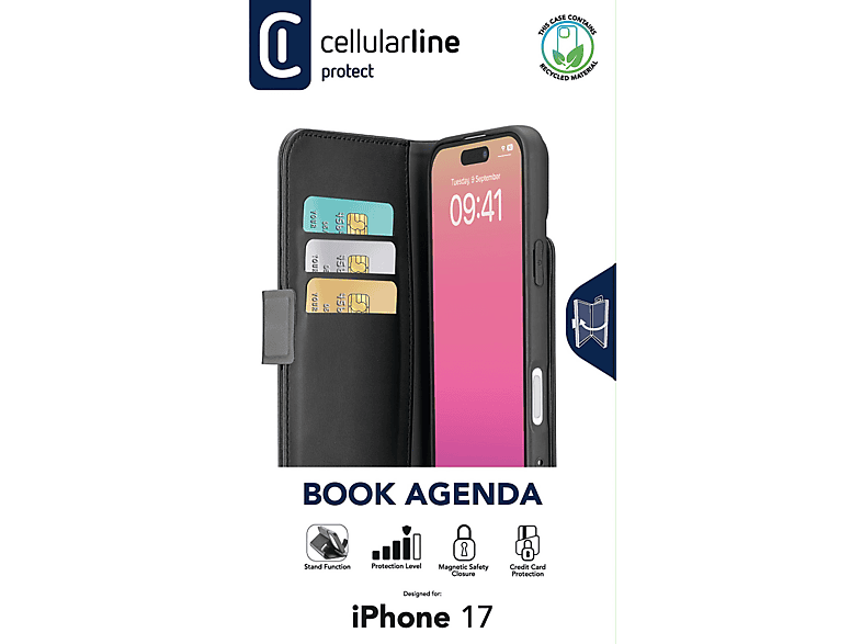 Funda móvil - CellularLine Book Agenda, Para iPhone 17, Con tapa, Tarjetero, Cierre Magnético, Negro – imagen 3