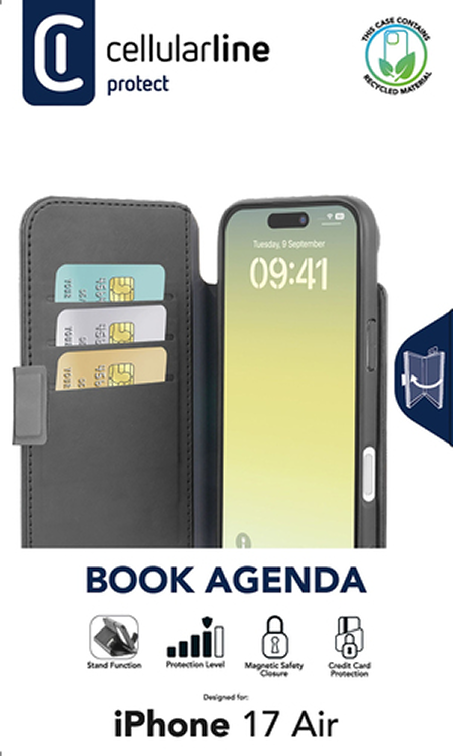 Una funda de teléfono, abierta para revelar un iPhone con tarjetas de crédito en ranuras. La funda es negra, con el teléfono mostrando la hora.