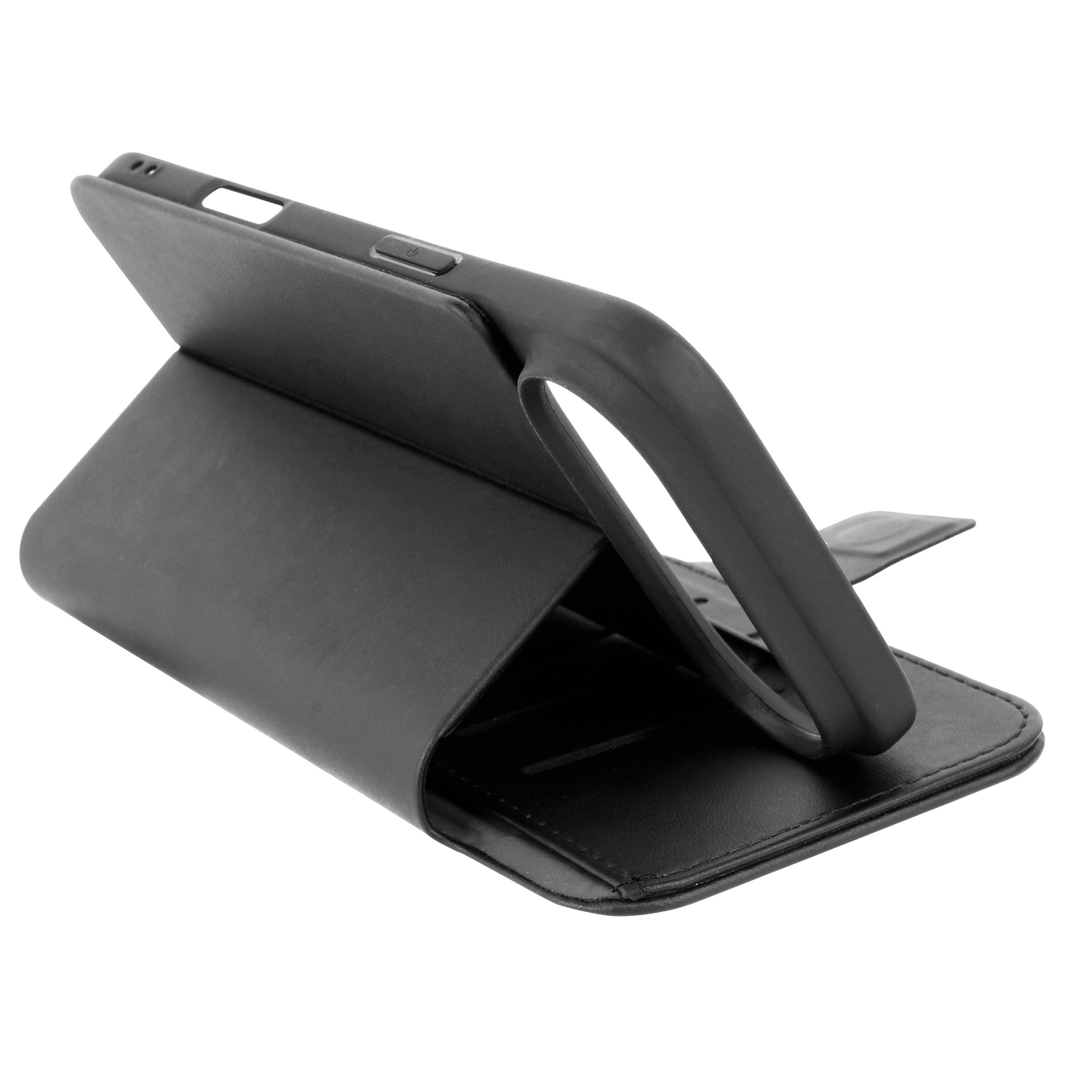 Una funda negra para teléfono está abierta, mostrando el soporte del teléfono y el interior. La funda está sobre un fondo blanco.