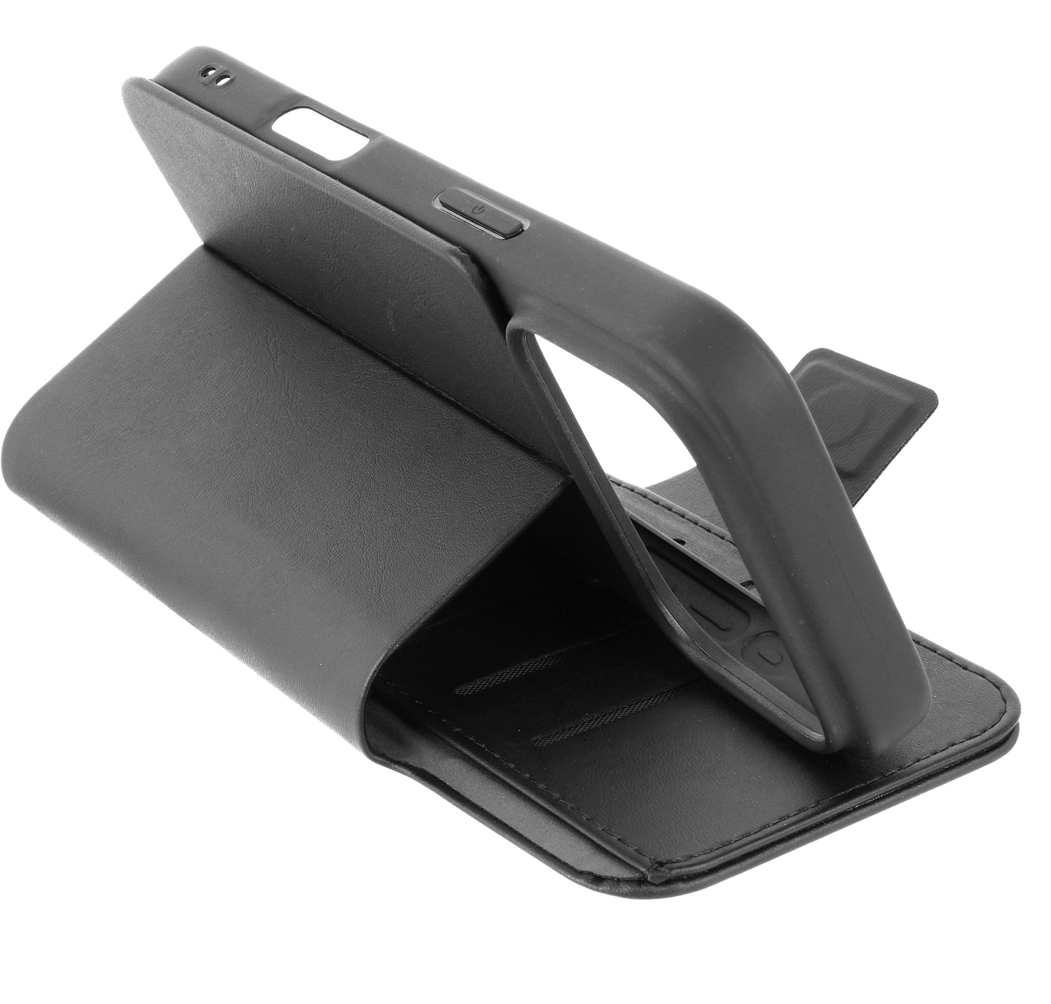 Una funda de teléfono negra estilo cartera, abierta para mostrar un teléfono, con una función de soporte. La funda está sobre un fondo blanco.