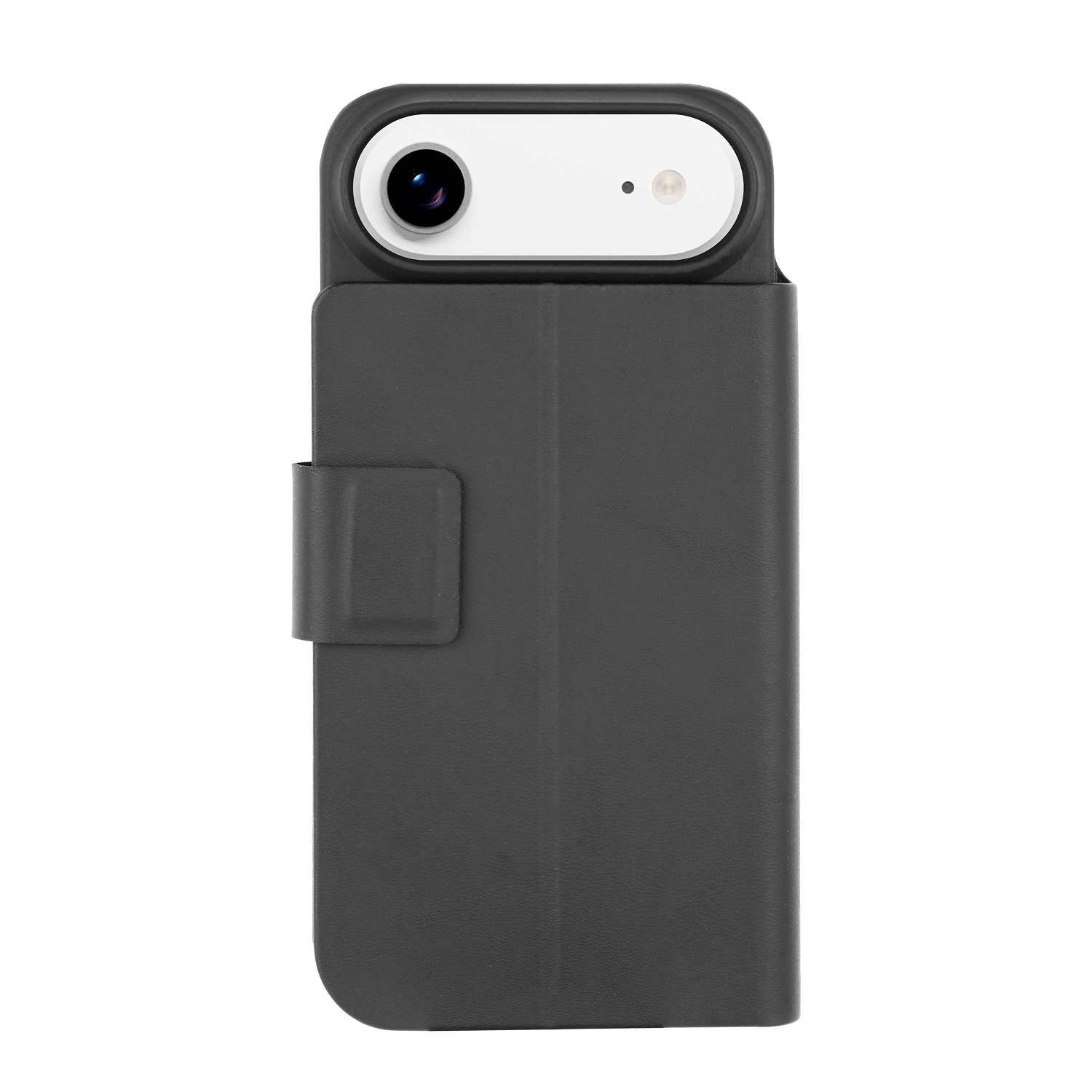 Una funda negra para teléfono con recorte para la cámara. La funda tiene una solapa con cierre magnético. El área de la cámara es blanca con lentes negros.