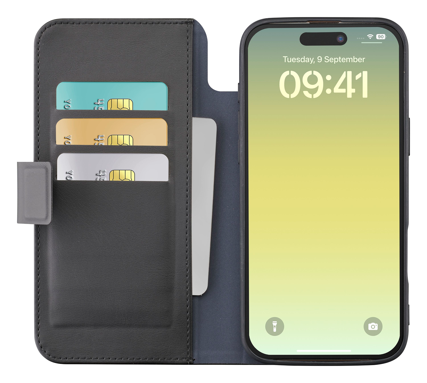 Un iPhone muestra las 09:41. Una funda de billetera contiene tres tarjetas y una tarjeta blanca. La funda está abierta.