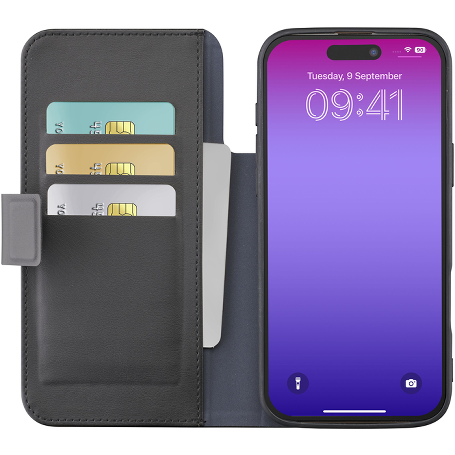 Funda de teléfono con teléfono que muestra 09:41 y ranuras para tarjetas de crédito. Las tarjetas son azules, doradas y plateadas.