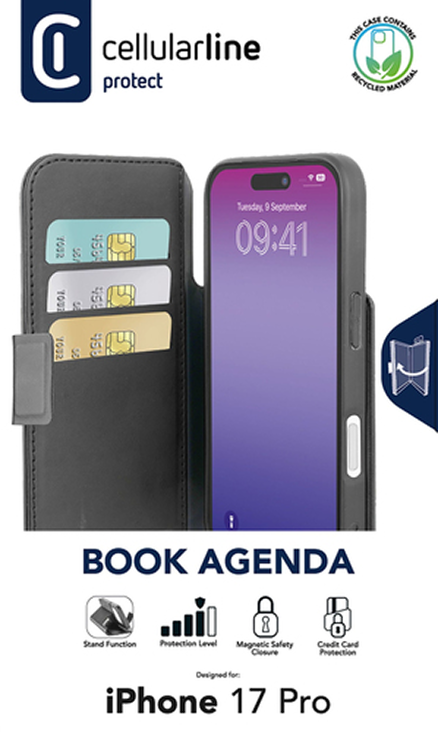 Funda negra para teléfono con un iPhone 17 Pro, con ranuras para tarjetas. La pantalla muestra la fecha y hora.