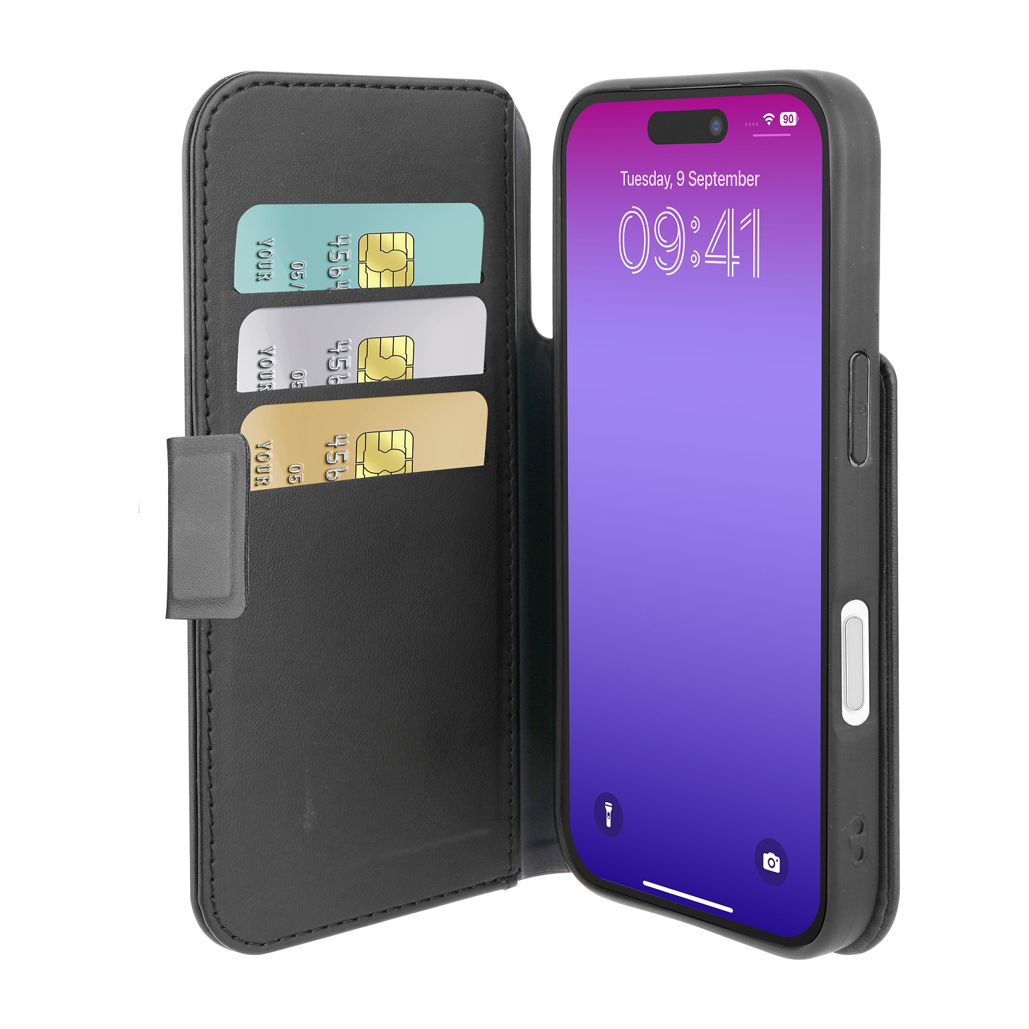 Una funda negra para teléfono con un teléfono que muestra la hora y tres tarjetas de crédito. La funda está abierta, revelando el teléfono.