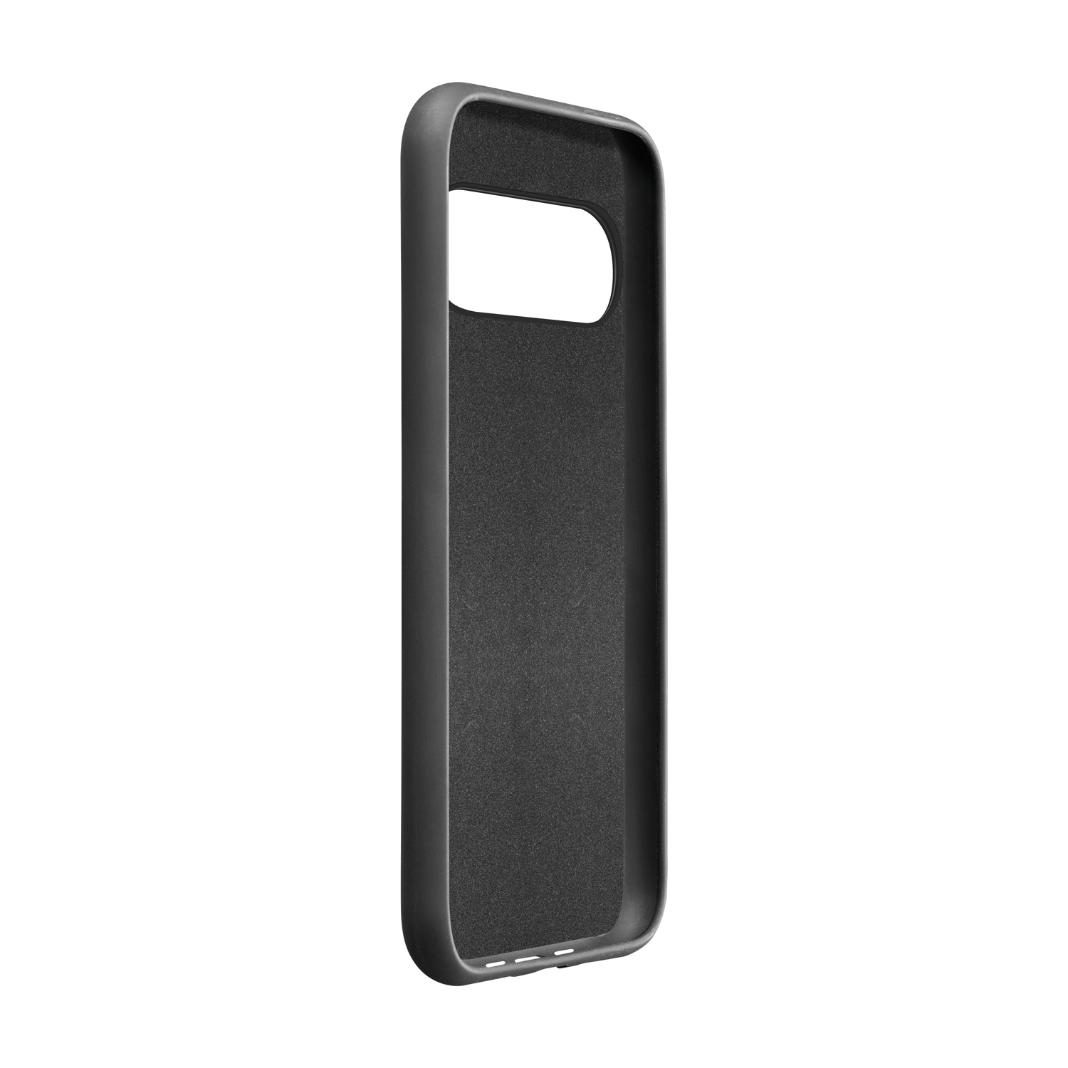 È mostrata una custodia nera per telefono. Ha un ritaglio per la fotocamera in alto e un interno strutturato. Lo sfondo è bianco.