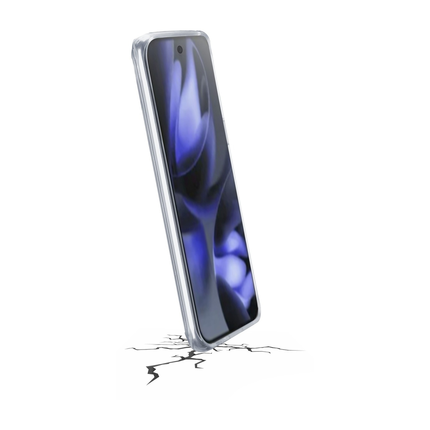 Uno smartphone in una custodia trasparente è inclinato, con un effetto di crepa sul terreno sottostante. Lo schermo mostra un design blu sfocato.