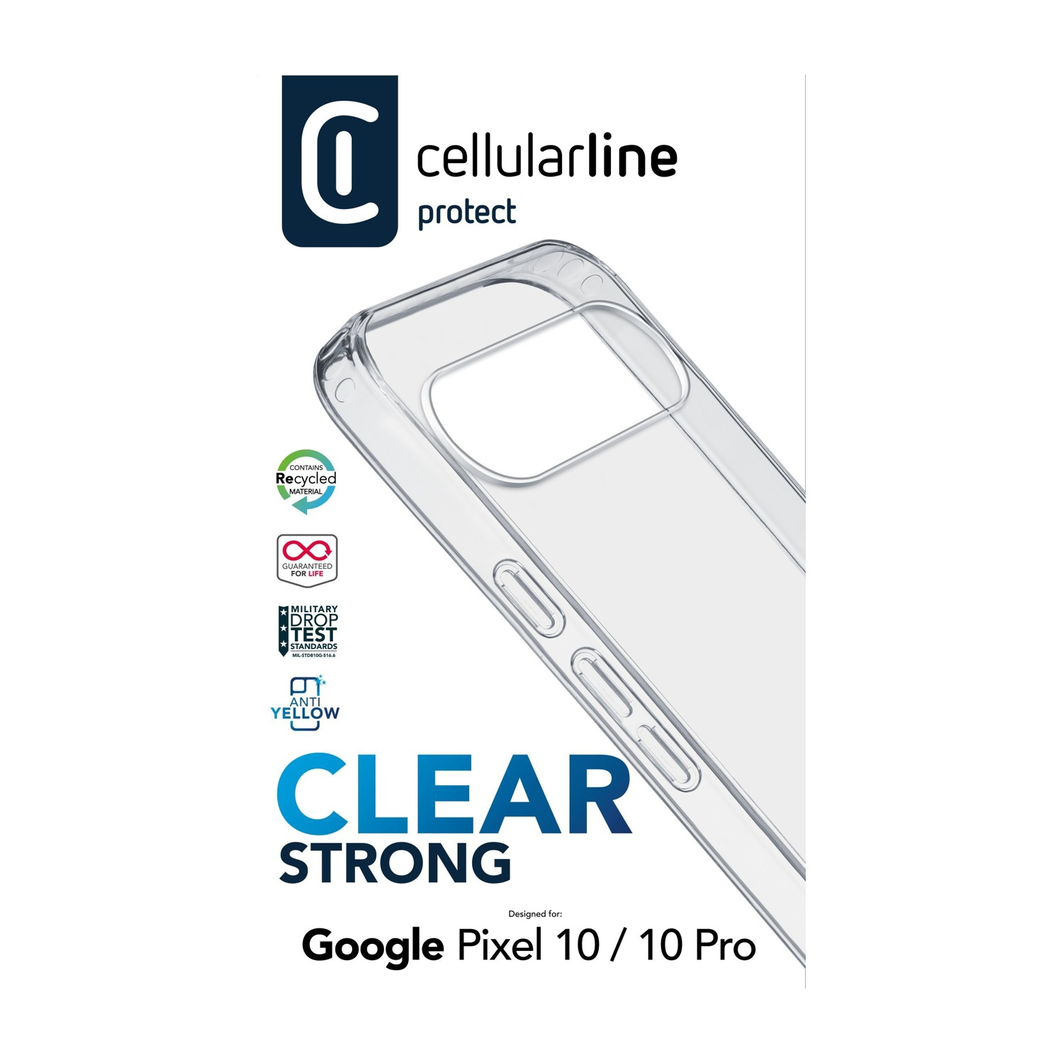 Viene mostrata una custodia trasparente per telefono per Google Pixel 10/10 Pro. Presenta un logo e il testo: Clear Strong, realizzato con materiale riciclato.