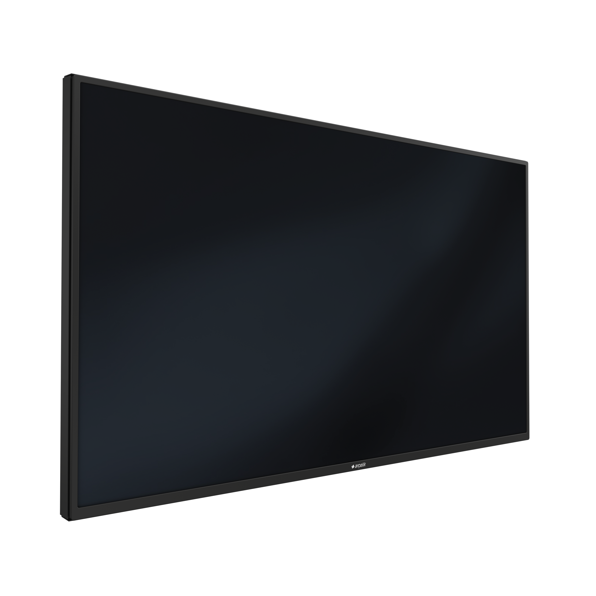 Büyük, siyah, dikdörtgen bir TV ekranı. Ekranın ince siyah bir çerçevesi var ve arka plan karanlık.