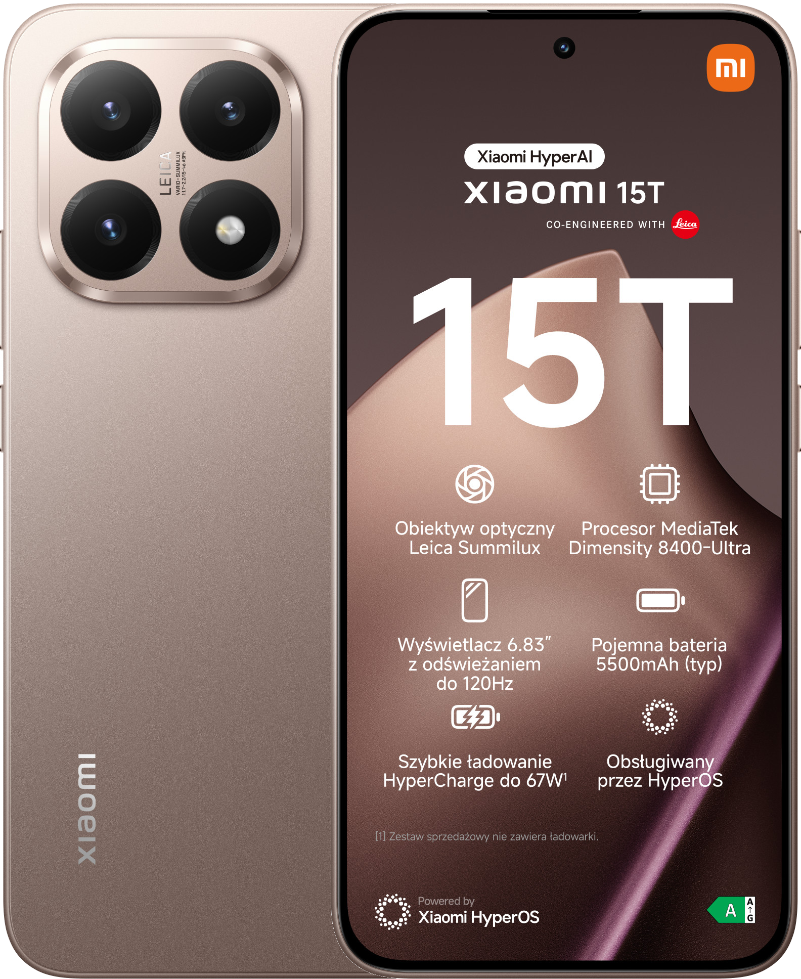 Telefon Xiaomi 15T z aparatem Leica. Posiada duży wyświetlacz i HyperCharge. Telefon jest złoty z brązowym tłem.