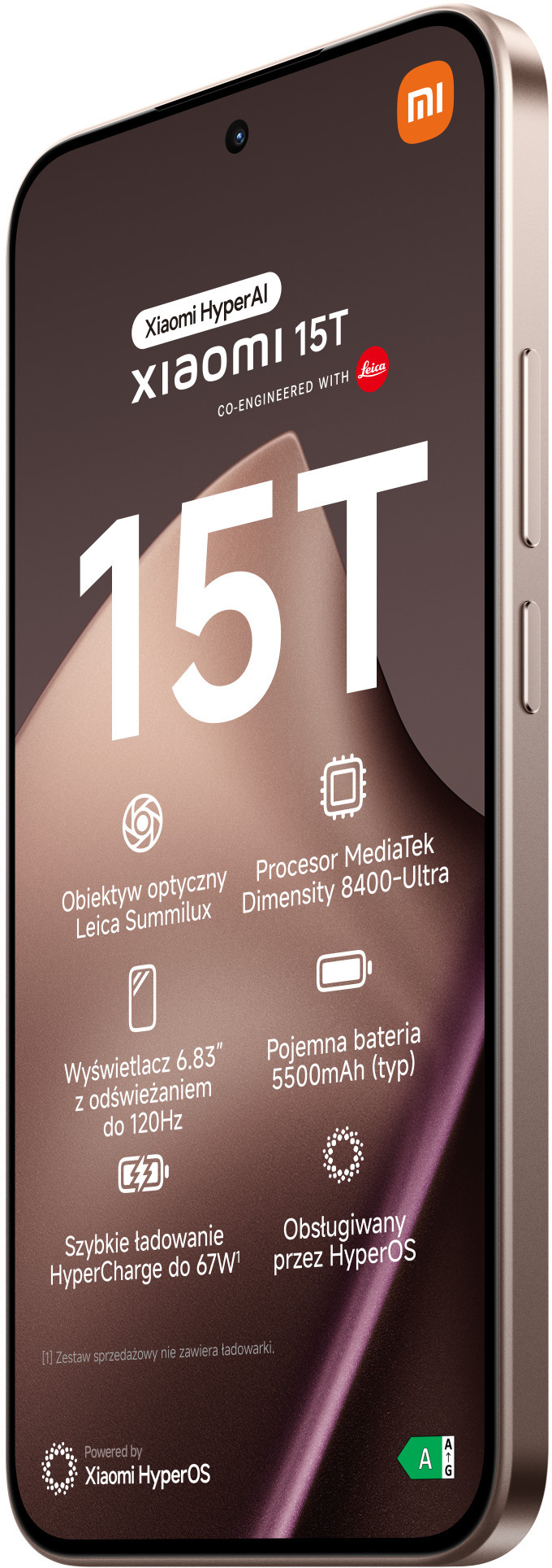 Wyświetlany jest telefon Xiaomi 15T, prezentujący funkcje. Szczegóły obejmują Leica Summilux, procesor MediaTek i wyświetlacz 6,83".