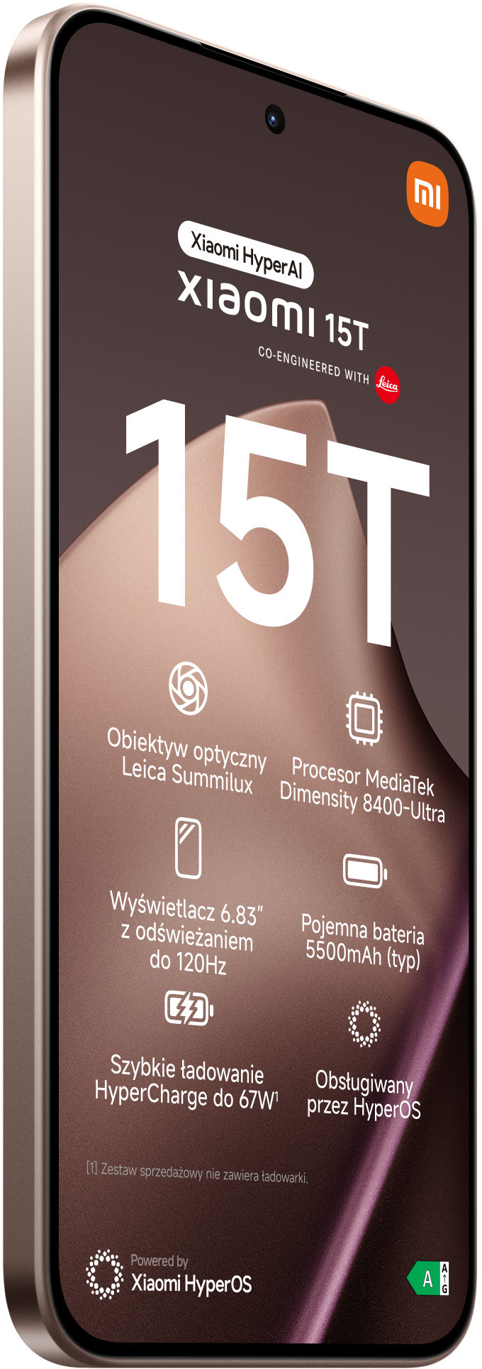 Smartfon Xiaomi 15T. Posiada optykę Leica, wyświetlacz 6,83" i HyperCharge. Telefon jest brązowy z białym tekstem.