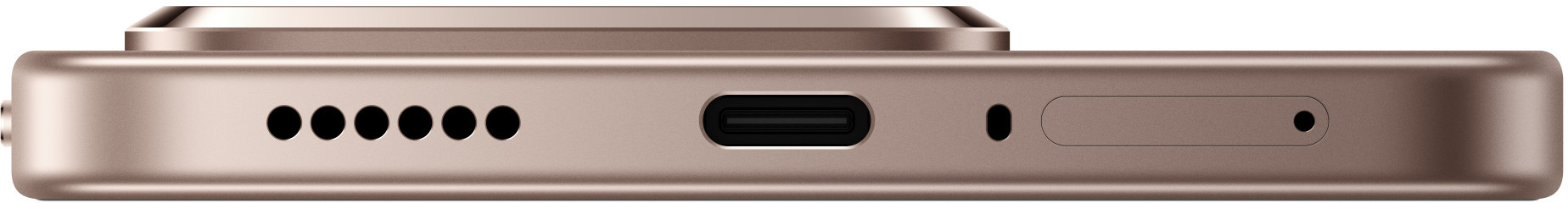 Widok z boku metalowego smartfona. Posiada aparat, głośniki, port USB-C i gniazdo karty SIM.