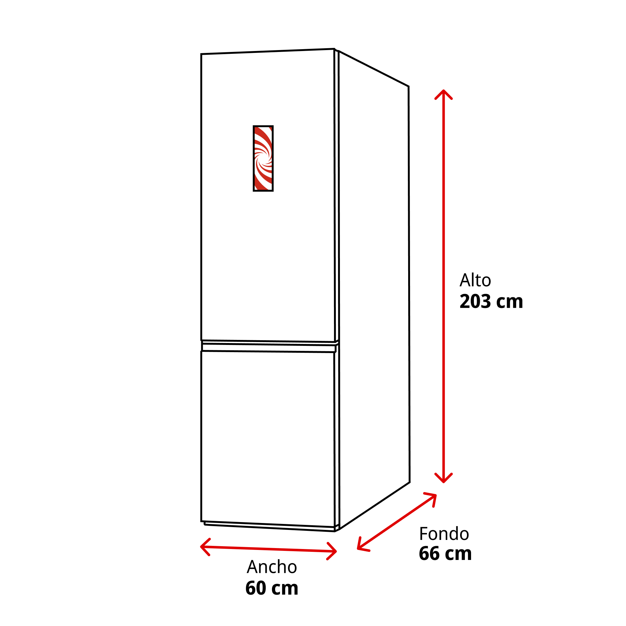 Un refrigerador blanco con dimensiones y flechas que señalan su altura, ancho y profundidad. Tiene un diseño en el frente.