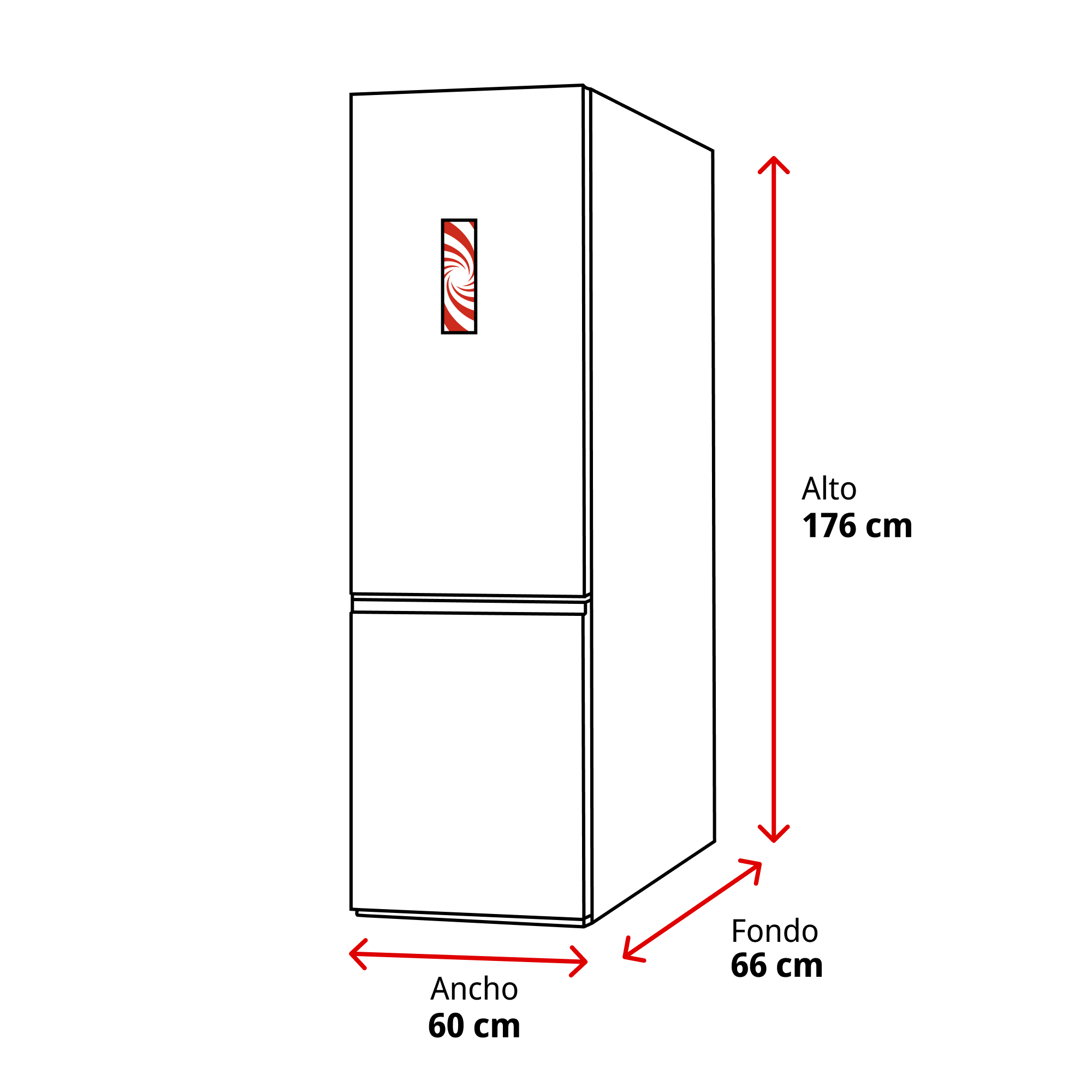 Un refrigerador blanco con dimensiones indicadas. Tiene una pantalla con espiral roja y blanca, y se muestran sus medidas.