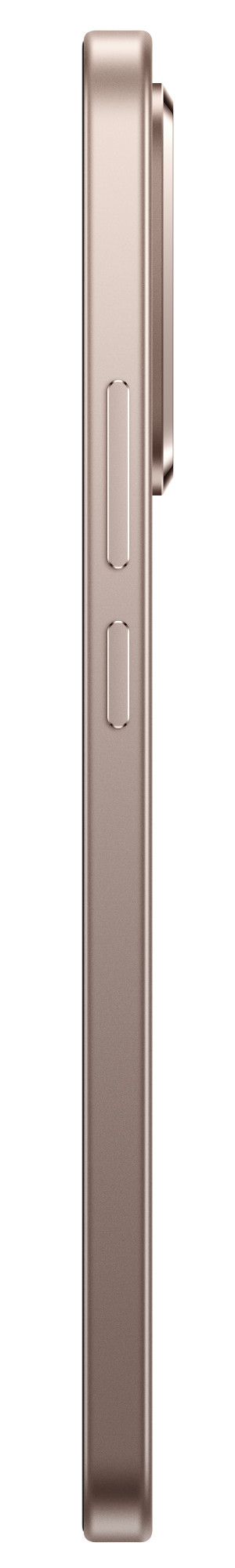 Widok z boku różowo-złotego telefonu. Dwa przyciski i aparat są widoczne z boku.