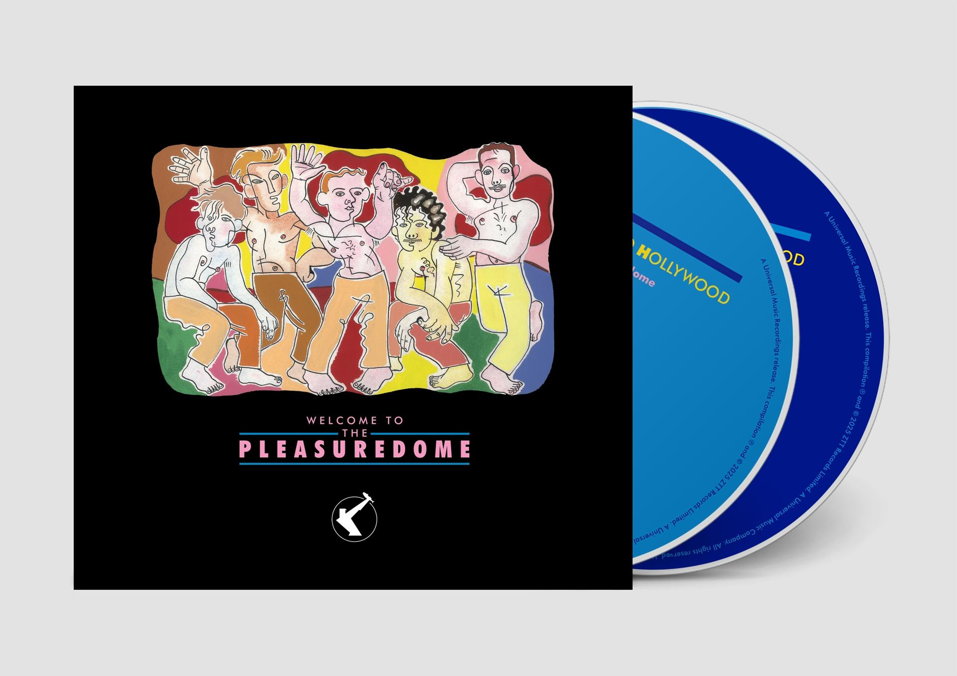 Albumcover mit nackten Figuren, Titel 'Welcome to the Pleasuredome', eine CD mit 'Hollywood'.