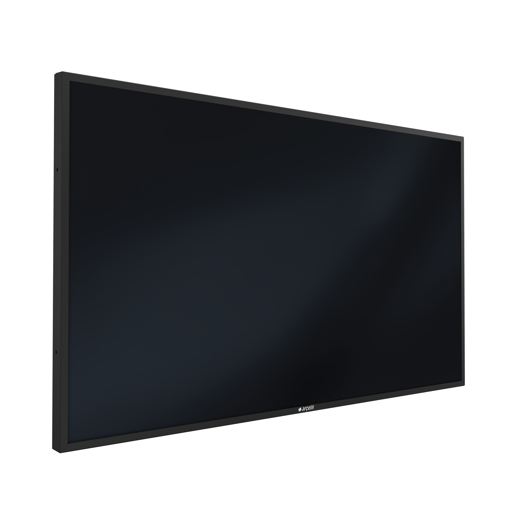 Büyük, siyah, dikdörtgen bir TV ekranı. Arçelik logosu görünür. Arka plan dokulu ve koyu renkli.