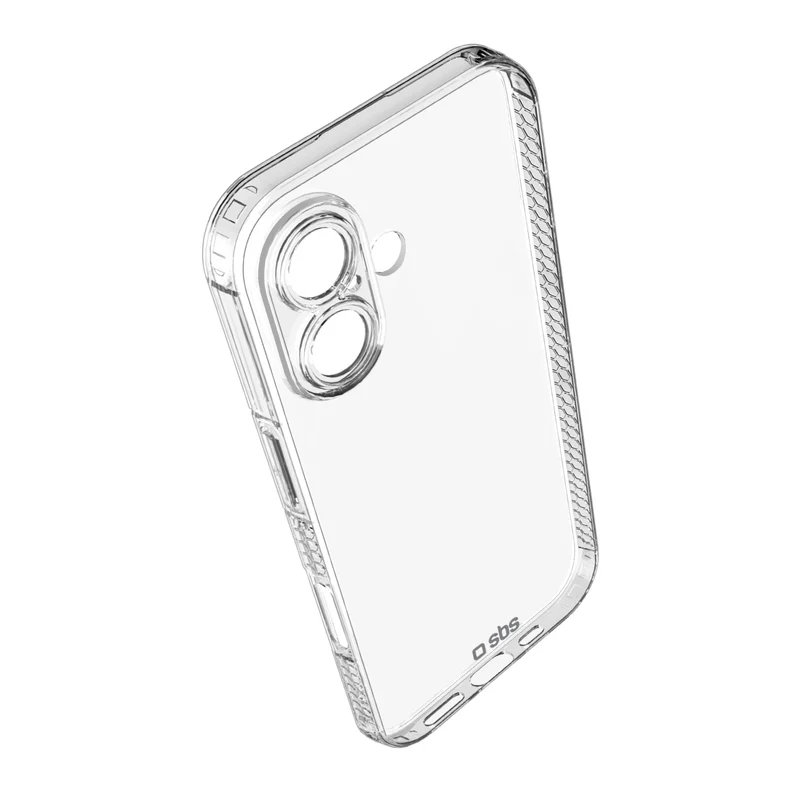 Eine transparente Schutzhülle für ein Telefon ist leicht angewinkelt. Sie hat Öffnungen für die Kamera und die Tasten. Die Marke 'sbs' ist unten.