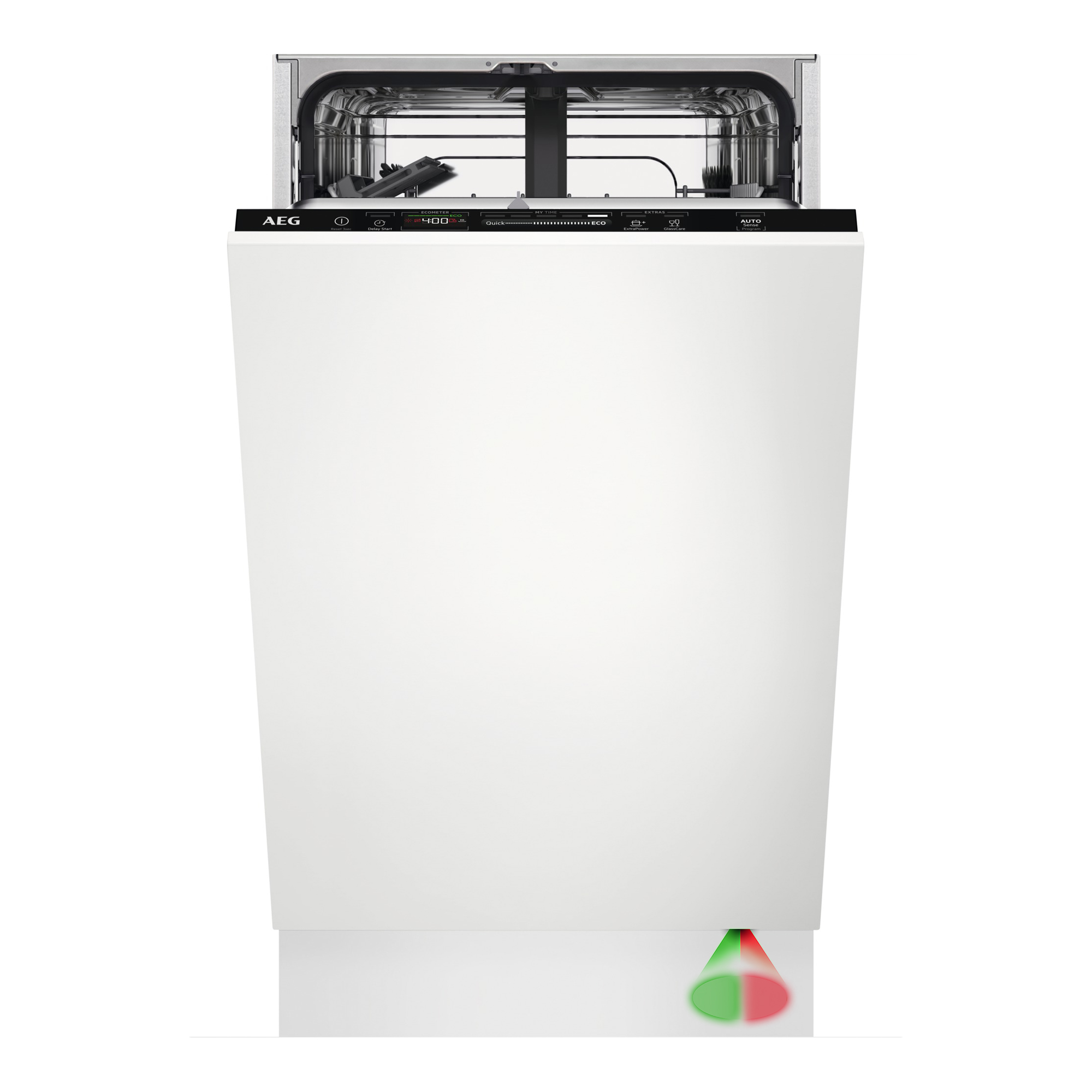 Biała zmywarka AEG z otwartą górą. Elementy sterujące obejmują timer, Eco i programy Auto. Widoczny jest zielono-czerwony wskaźnik.