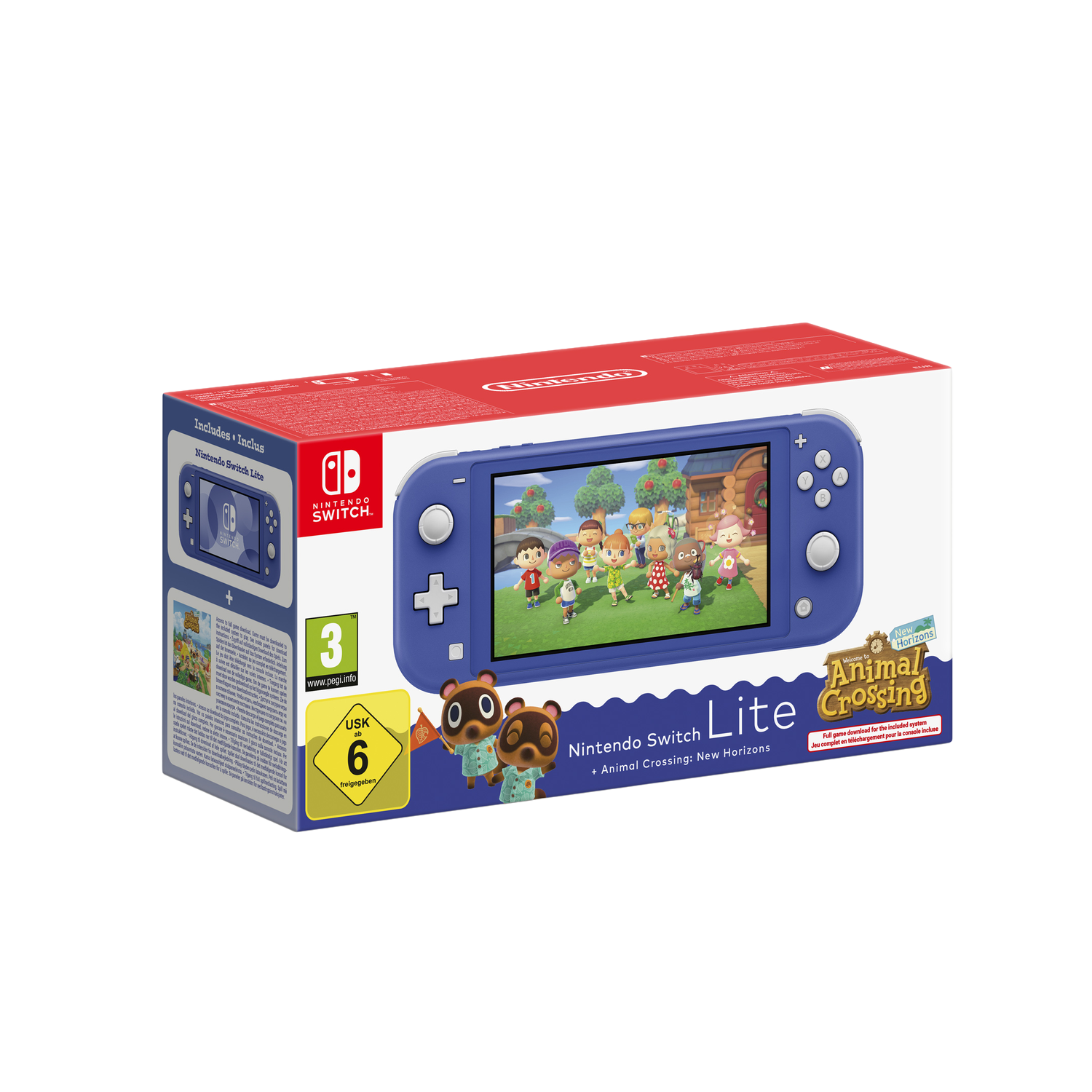 Doos van Nintendo Switch Lite. Het scherm toont Animal Crossing-personages. De doos heeft het Nintendo-logo en speld details.