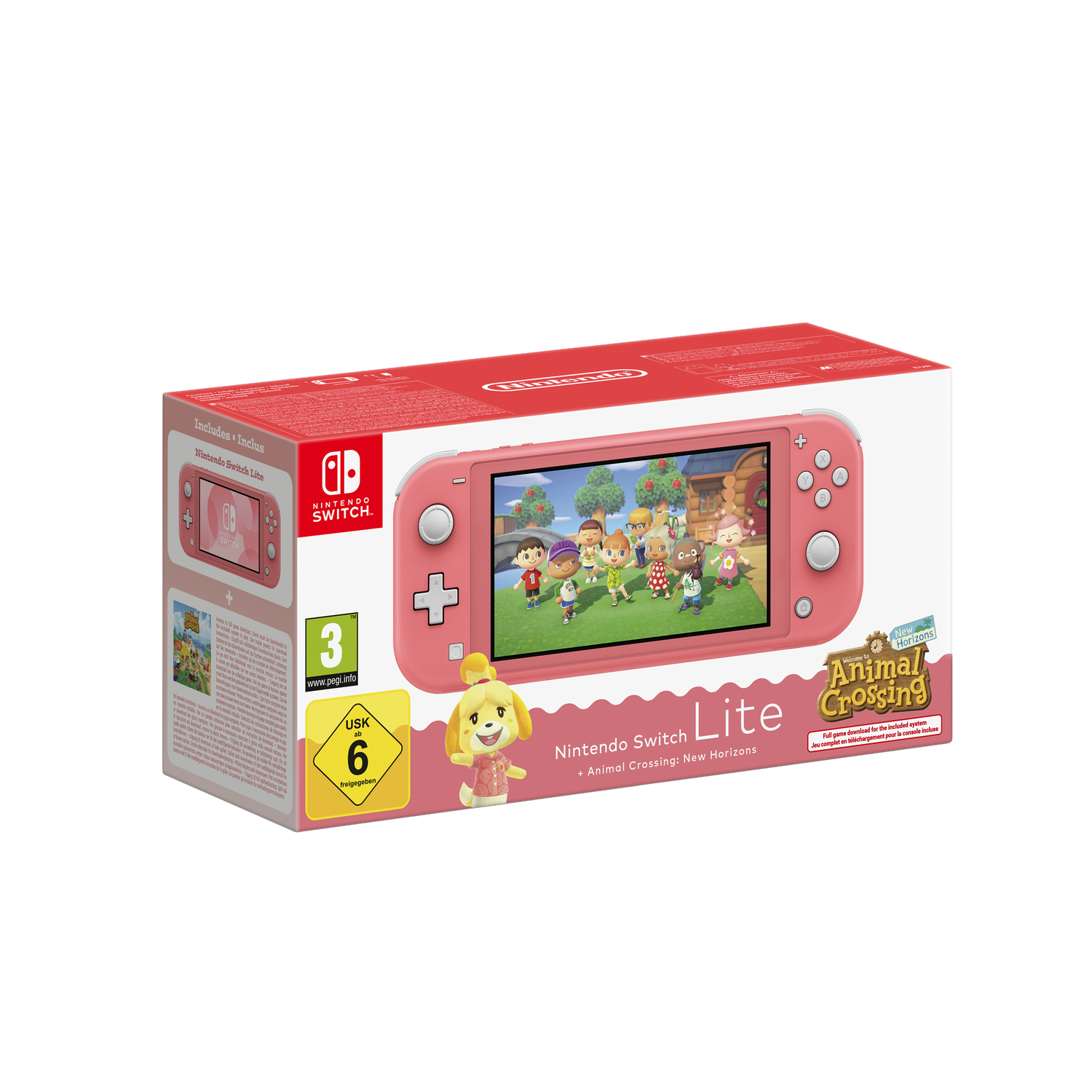 Een roze Nintendo Switch Lite doos met Animal Crossing: New Horizons. Toont de console en personages uit het spel. Inclusief classificatielogo's.