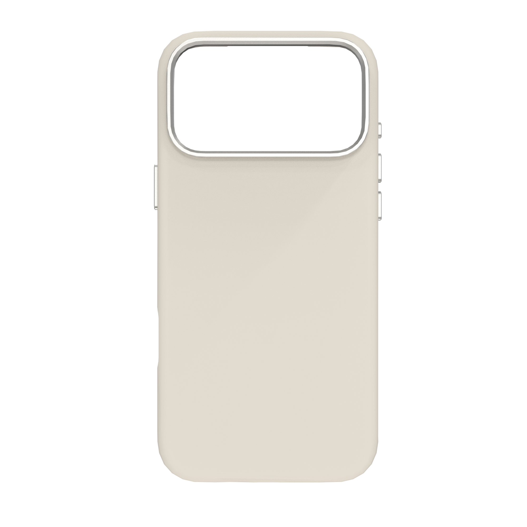 Eine beige Handyhülle. Sie hat eine Kameraöffnung und Knöpfe an der Seite. Der Hintergrund ist weiß.