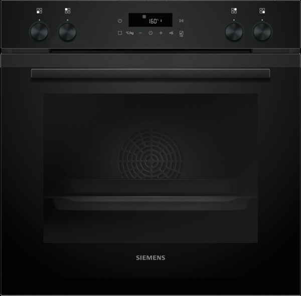 Ein schwarzer Siemens-Backofen mit Drehknöpfen, Digitalanzeige und offener Backofentür. Der Ofen hat einen Ventilator.