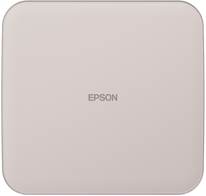 Un appareil Epson carré, rose clair, aux coins arrondis. Le nom de la marque 'EPSON' est imprimé en gris au centre.