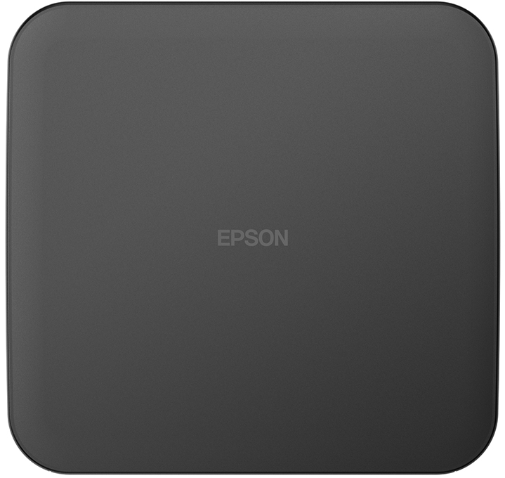 Ein dunkelgraues Epson-Produkt. Das Epson-Logo ist zentriert. Das Produkt ist quadratisch mit abgerundeten Ecken und einer glatten, matten Oberfläche.
