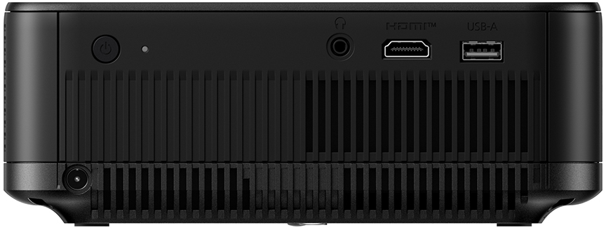 Schwarzes Projektor-Rückwand mit Ein/Aus-Taste, Anschlüssen für Kopfhörer, HDMI, USB-A und Stromeingang.