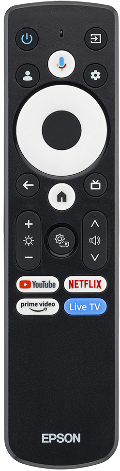 Schwarze Epson-Fernbedienung mit Tasten für Ein/Aus, Sprache, Navigation, Lautstärke und Streaming-Dienste wie YouTube und Netflix.
