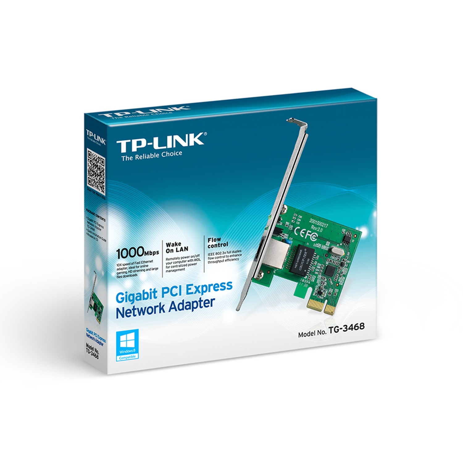 A TP-Link Gigabit PCI Express Network Adapter box. The box has a network card image and specs. White background.