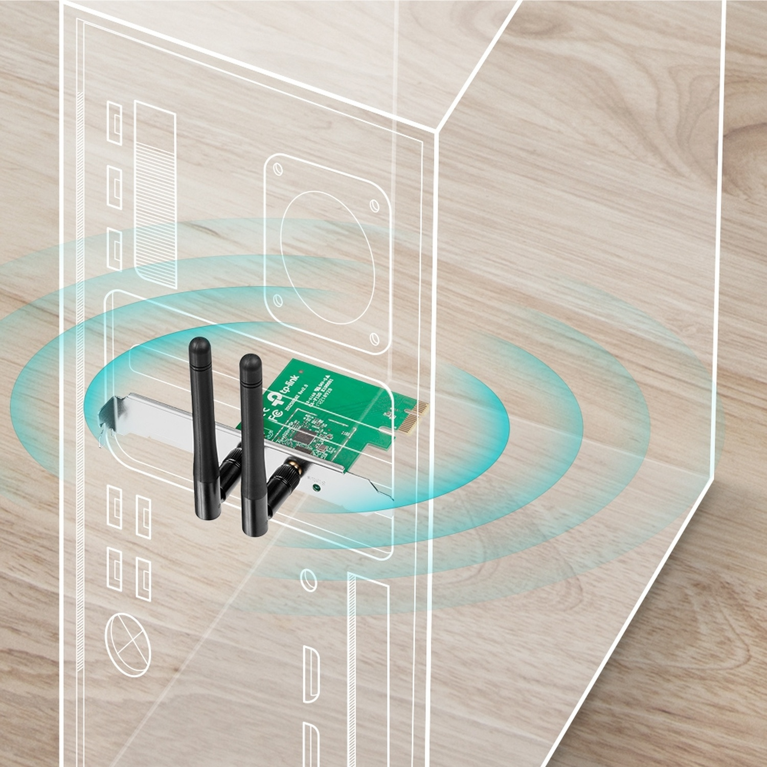 An internal computer component with antennas. A green circuit board is mounted inside a transparent box over a wooden background.