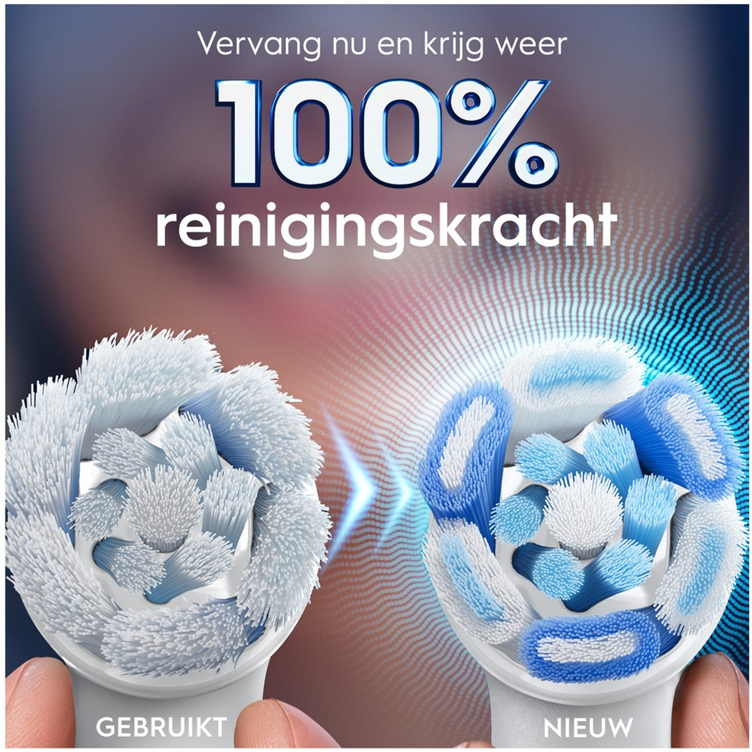 L'image montre deux têtes de brosse à dents. L'une est usagée et l'autre neuve. Le texte dit '100% de pouvoir nettoyant' et 'Remplacez maintenant'.