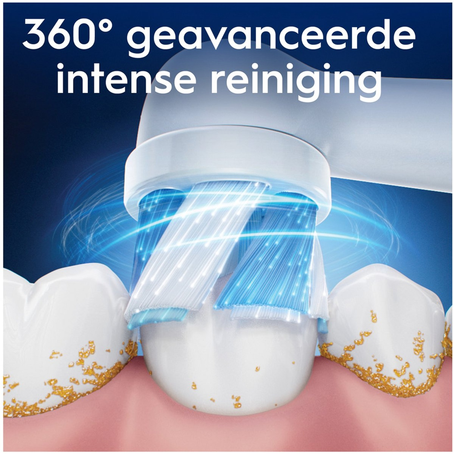 Une brosse à dents nettoyant les dents. La tête de la brosse est blanche et bleue, avec le texte '360° nettoyage intense avancé' en haut.