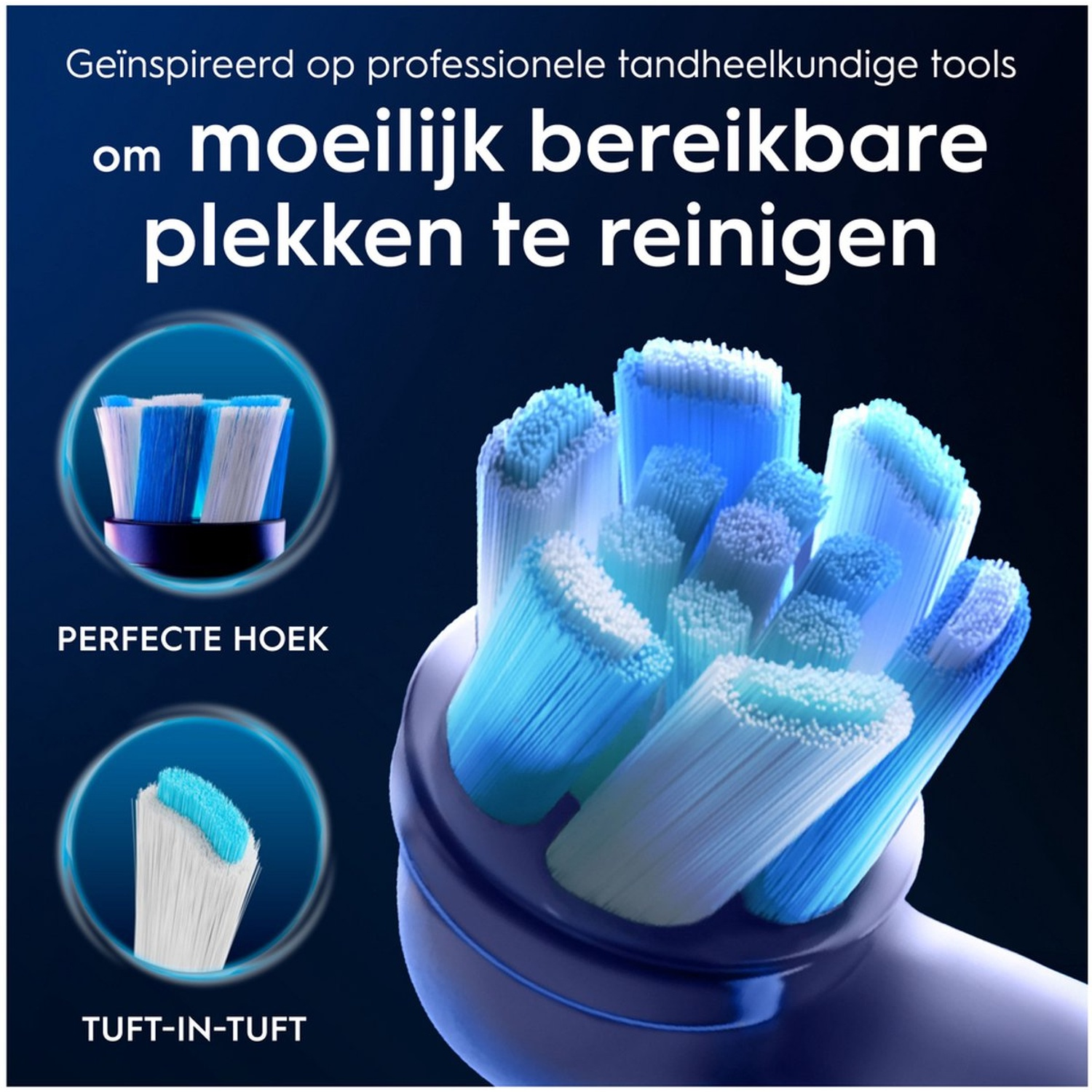 Image d'une tête de brosse à dents avec des poils bleus et blancs. Le texte dit 'moeilijk bereikbare plekken te reinigen'.