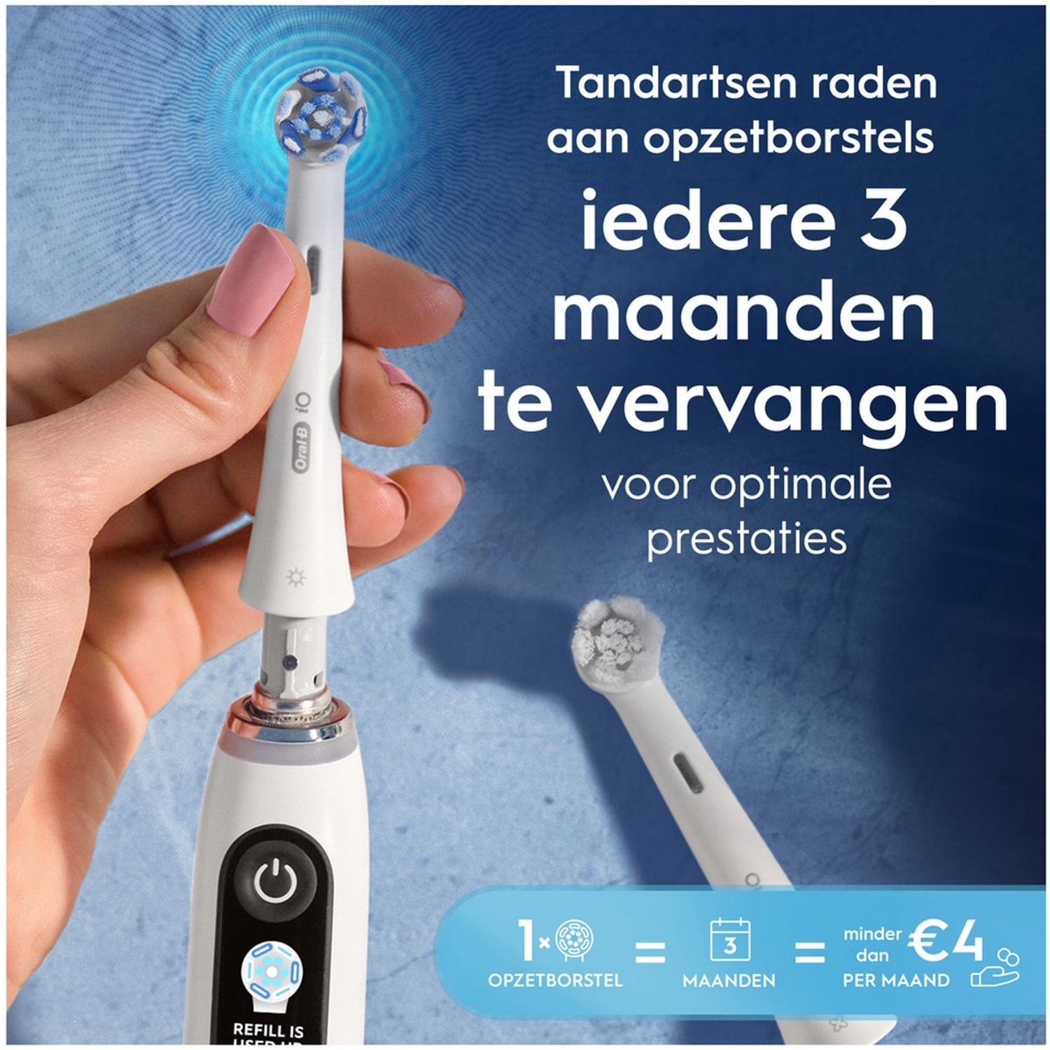 Une main tient une brosse à dents électrique Oral-B avec une nouvelle tête. Le texte indique de la remplacer tous les 3 mois.