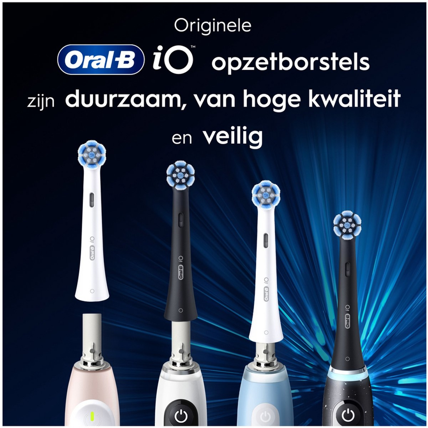 Image montre des têtes de brosse à dents Oral-B IO. Quatre brosses à dents de couleurs différentes, avec du texte sur la qualité et la sécurité.
