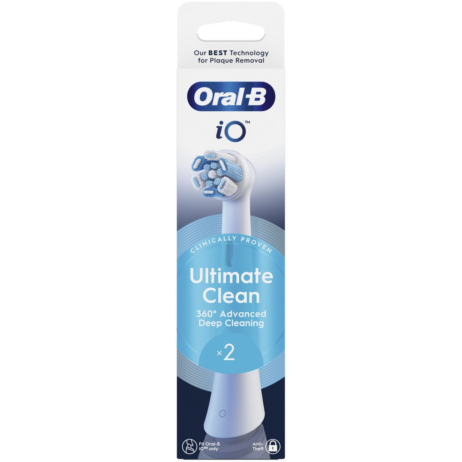 Un emballage de têtes de brosse à dents Oral-B iO Ultimate Clean. Comprend '360° Advanced Deep Cleaning' et 'Clinically Proven'.