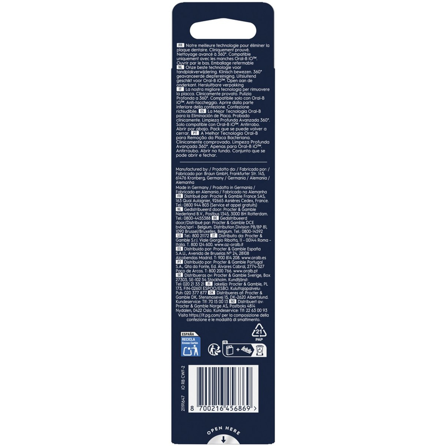 Emballage de brosse à dents Oral-B bleu foncé avec texte multilingue et symboles de recyclage.