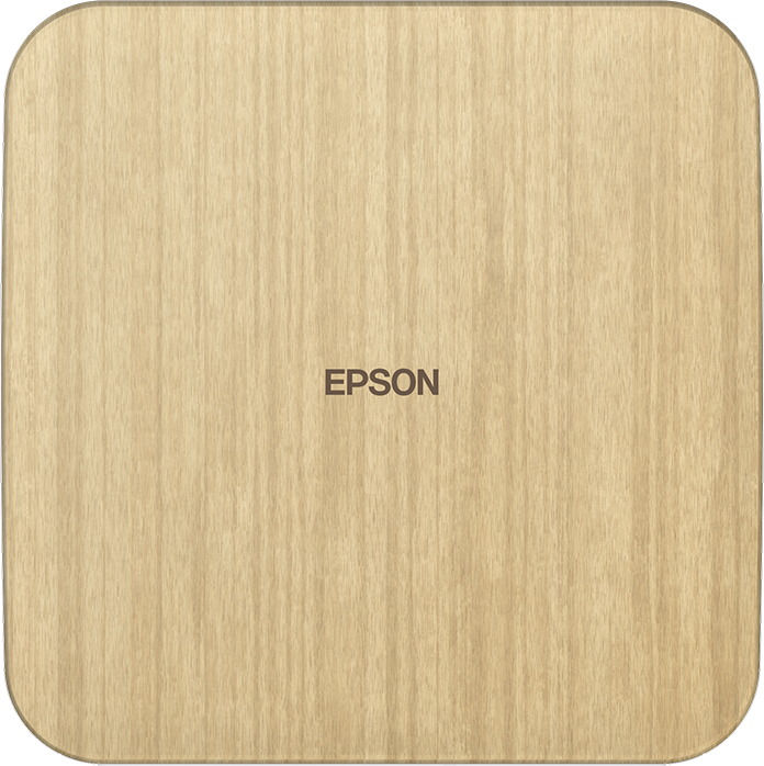 Quadratische Holzstruktur. Das Wort 'EPSON' steht in der Mitte. Die Ecken sind abgerundet, der Hintergrund ist schwarz.